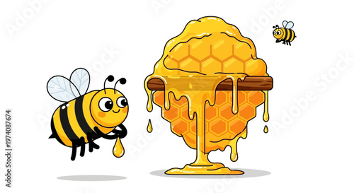 Cute cartoon bees collecting and dripping golden honey from a large honeycomb illustration