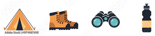 Outdoor adventure equipment set featuring a camping tent, hiking boots, binoculars, and a water bottle, useful for travel blogs, tourism promotions, or nature exploration guides