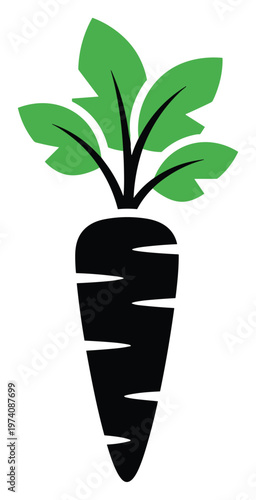 Bold black and green carrot icon representing healthy organic root vegetables, perfect for natural food packaging, gardening themes, nutrition apps, and agricultural business branding or