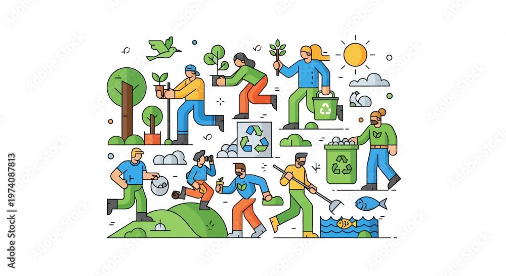 Fototapeta premium Diverse group of people engaged in various environmental conservation and recycling activities