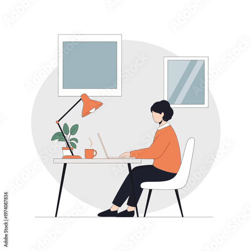 Woman sitting at desk working laptop.