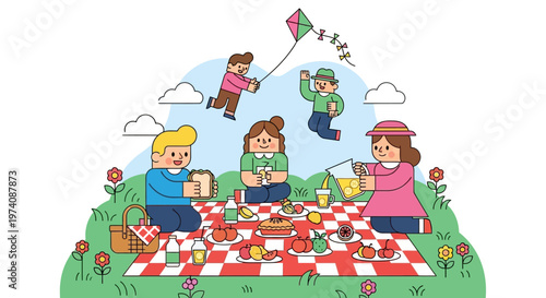 Cheerful family bonding together with a delightful outdoor picnic, enjoying leisure and flying a kite in a vibrant park setting during summertime