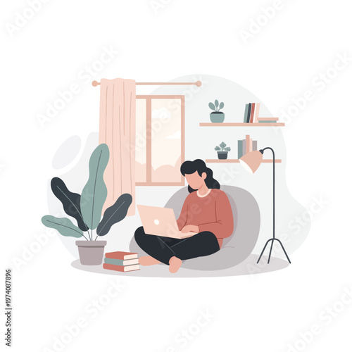 Woman sitting on chair with laptop.