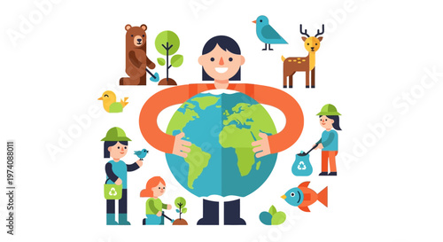 Illustration of people and animals caring for the planet Earth, promoting environmental conservation and sustainability