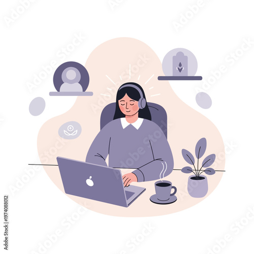 Woman wearing headset working on laptop.