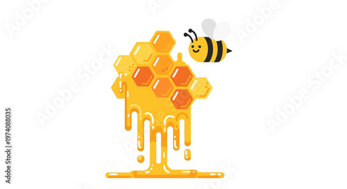 Charming cartoon bee flying near a melting golden honeycomb with delicious natural honey dripping down, illustrating sweet organic produce