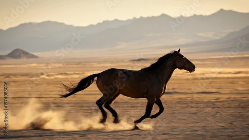 Beautiful Horse Running Across Desert Landscape at Sunset Golden Hour