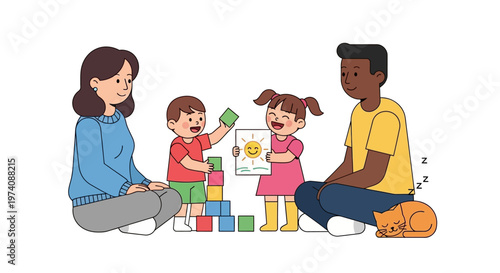 Happy family with kids and pet cat playing with building blocks indoors, joyful childhood memories
