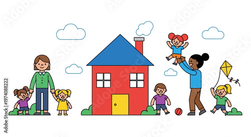 Playful illustration featuring happy children and caring adults enjoying various activities around a vibrant family home