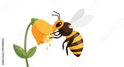 Close-up illustration of a busy honey bee diligently collecting golden nectar from a bright yellow flower, symbolizing nature's vital pollination cycle
