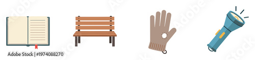 Collection of everyday objects including an open notebook with a bookmark, a sturdy wooden bench, a cozy glove, and a shining flashlight, perfect for education, casual living, or outdoor