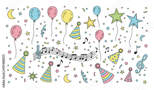 Joyful hand drawn party celebration elements with colorful balloons festive hats music notes and stars perfect for childrens birthday events and greeting designs