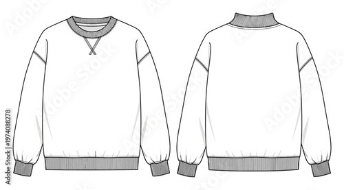 Detailed technical drawing of blank long sleeve sweatshirts featuring both crew neck and mock neck variations with raglan sleeves, ribbed cuffs and hem for apparel design templates.