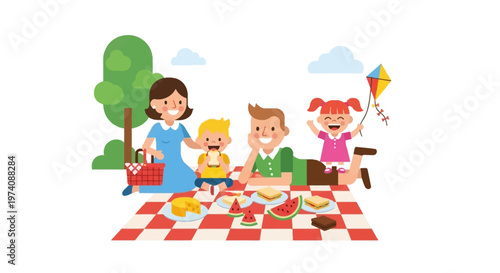 Vibrant illustration shows a happy family on a summer picnic, parents and children enjoying food, laughter, and outdoor leisure in a sunny park