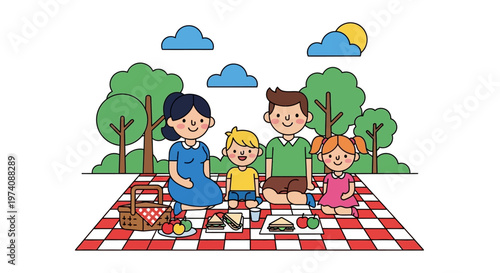 Happy Family Enjoying a Picnic in the Park with Food and Trees