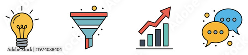 Comprehensive collection of business icons illustrating innovative ideas, marketing funnel processes, financial growth progress, and effective communication for modern professional