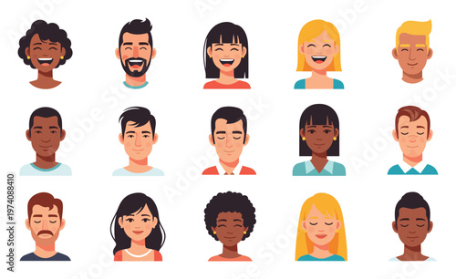 Collection of diverse flat vector avatars displaying various human emotions suitable for social media applications, website user profiles, and digital UI UX interface projects