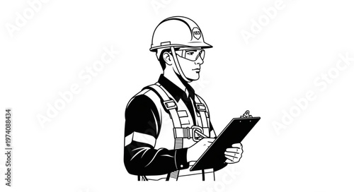 Construction worker in safety gear taking notes on a clipboard.