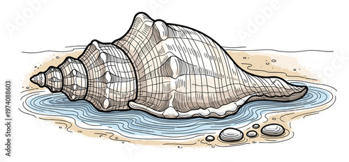 Large conch seashell resting on sandy beach with calm ocean water, perfect for coastal vacation promotions or nature themed marketing collateral for print and web projects