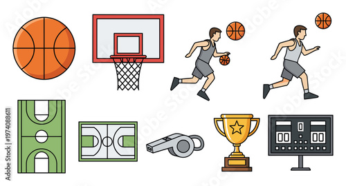 Basketball game equipment and player actions represented as colorful vector icons, perfect for sports event marketing, mobile applications, or educational graphics