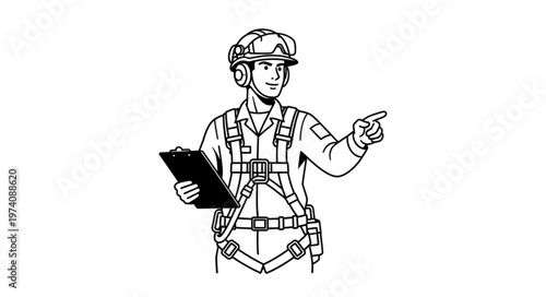 Construction worker in safety harness holding clipboard and pointing direction.