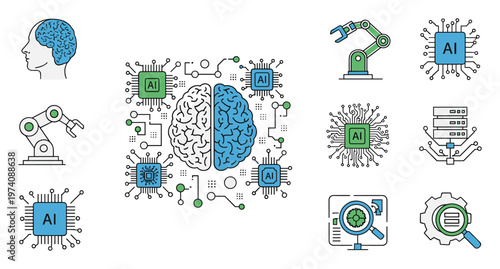 Set of artificial intelligence technology line icons representing machine learning, robotics, data processing, and digital innovation for business presentations and modern computing
