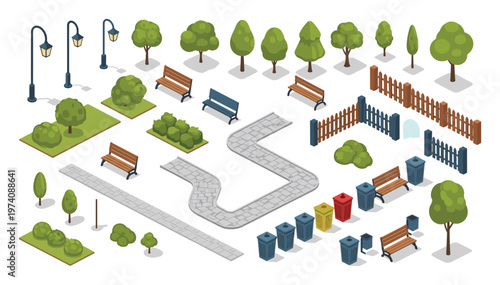 Isometric park and garden landscaping elements collection featuring various trees bushes pathways benches street lamps and waste bins ideal for urban planning and outdoor scene creation