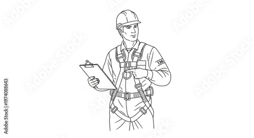Construction worker in safety harness holding clipboard and binoculars.