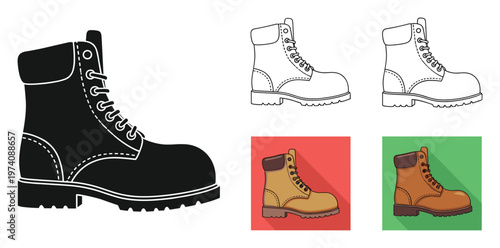 Sturdy ankle boot footwear for adventurers and workers presented in a collection of diverse graphic styles for various clothing and industry related projects