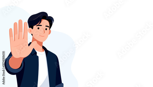 Man holds hand in a clear stop gesture. His expression is calm and confident. Simple design, clean background, minimal details. Great for safety, refusal, or pause messages. Appeals to modern, digital