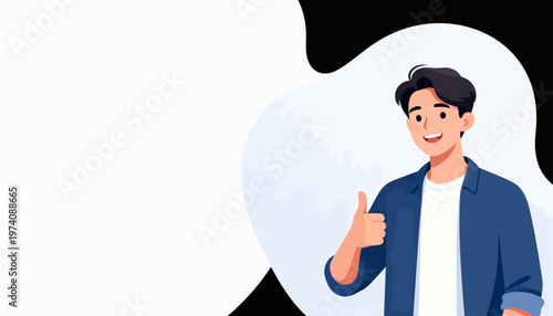 Cartoon man gives a cheerful thumbs-up gesture. He wears a blue jacket over a white tee. His dark hair and smile convey friendliness. The background features soft, abstract shapes