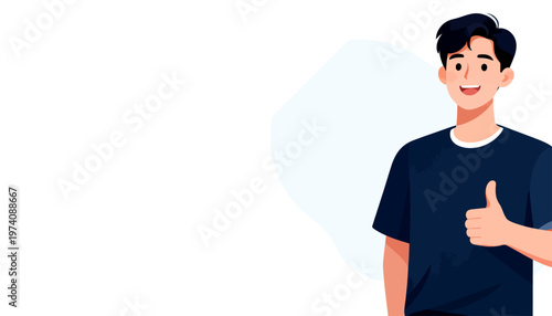 Young man smiles warmly. He gives a thumbs-up gesture. His expression conveys approval and positivity. Ideal for concepts of success or encouragement