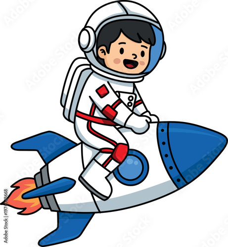 Cute Kid Astronaut Riding Rocket Cartoon