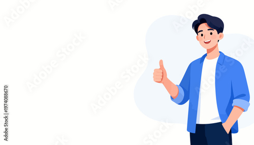Young man smiles, giving thumbs up. He wears blue jacket, white shirt. Simple background, soft cloud shape. Friendly gesture, positive vibe. Great for business, marketing, or encouragement