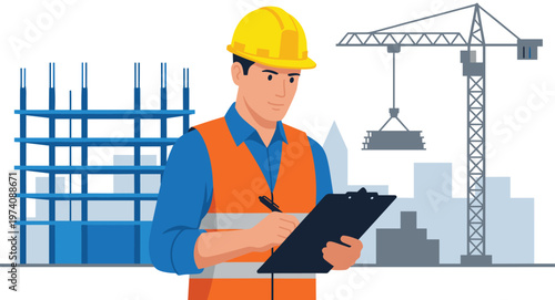Professional man wearing safety helmet and vest holding clipboard. Construction site background with crane and steel structure. Inspector checking project details. Industrial work scene.