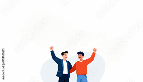 Two men cheerfully raise their fists in celebration. Their joyful expressions radiate victory and excitement. Perfect for team success, achievement, or positive motivation scenes