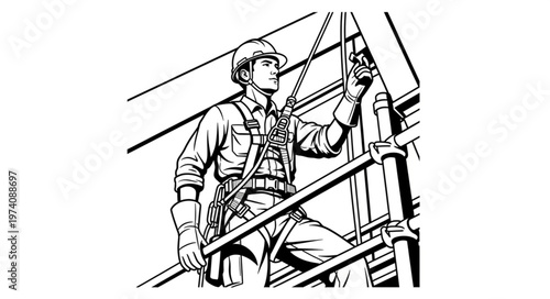 Construction worker in safety harness on scaffolding.