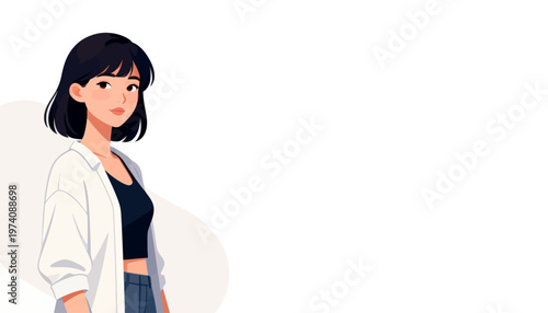 Young woman stands calmly against soft, minimalist background. She wears white shirt and dark top, looking directly forward. Her expression shows quiet confidence and gentle calmness