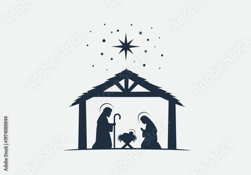 Minimalist Christmas Nativity Silhouette Illustration with Holy Family, Baby Jesus, and Star of Bethlehem