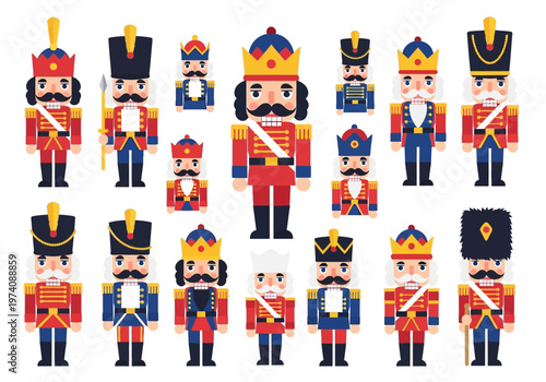 Christmas Nutcracker Soldier Character Set, Flat Design Traditional Holiday Toy Soldier Collection, Wooden Festive Figurines Isolated on White Background