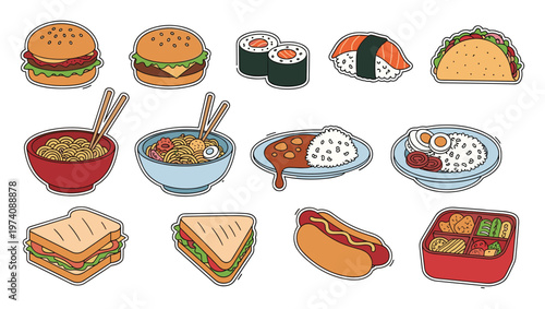 Collection of handdrawn cartoon food stickers featuring popular burgers, sushi, ramen, tacos, and more for menus, restaurant decor, or culinary themed projects