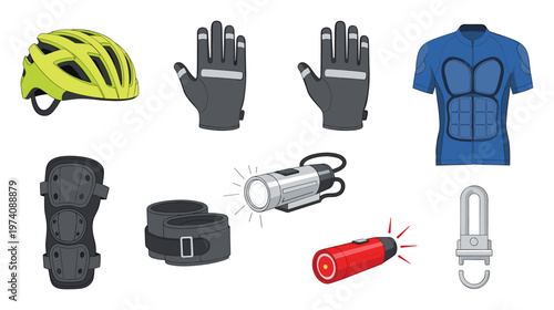 Comprehensive collection of essential cycling safety gear and protective accessories including helmet, gloves, lights, and body armor, perfect for sports equipment guides or outdoor