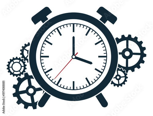Iconic graphic representation of an alarm clock integrated with multiple gears symbolizing synchronized time management, industrial efficiency, and precise scheduling for business