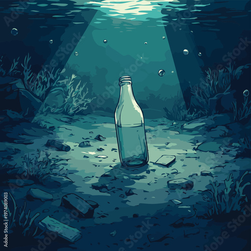 A serene underwater scene featuring a glass bottle surrounded by aquatic plants and debris, highlighting marine life impact.
