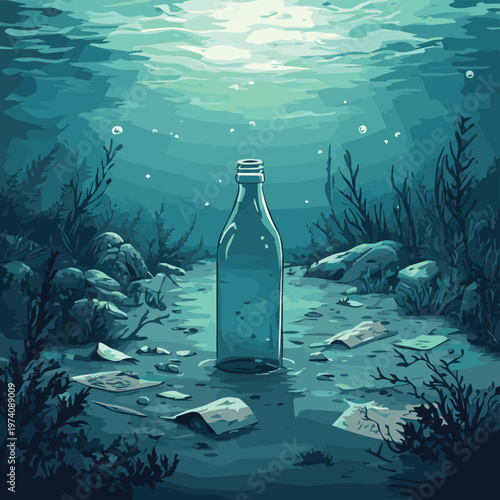 A serene underwater scene featuring a glass bottle surrounded by aquatic plants and debris, highlighting marine life impact.