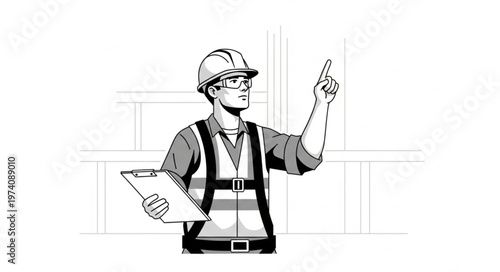 Construction worker in hard hat and safety vest pointing upwards with clipboard.