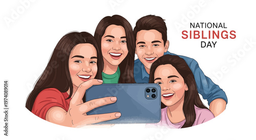 A cheerful group of siblings are seen taking a selfie together to celebrate National Siblings Day, depicted in a colorful vector illustration against a clean white background