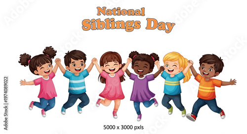 Cartoon illustration depicting National Siblings Day with six happy children holding hands and jumping together against a clean white background, conveying a joyful mood and celebrating