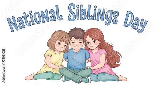 Charming vector illustration celebrating National Siblings Day, showcasing a brother embraced by his two sisters with affection, set against a clean white background, radiating a warm