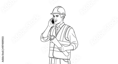 Construction worker in hard hat and safety vest talking on radio.